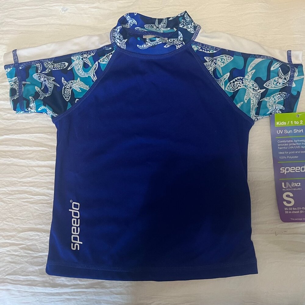 SPEEDO KIDS SWIM SUN SHIRT UV 50 BLOCK THE BURN SIZE SMALL BLUE NWT